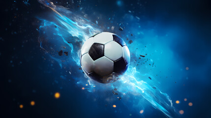 Fototapeta premium Soccer ball flying on blue background