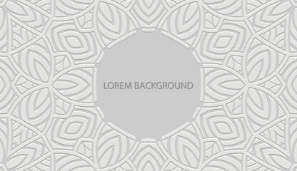 Embossed white lorem background, tribal cover design. Geometric artistic 3D pattern, boho motifs, business card. Ethnic ornaments, handmade. Traditions of the East, Asia, India, Mexico, Aztec, Peru.