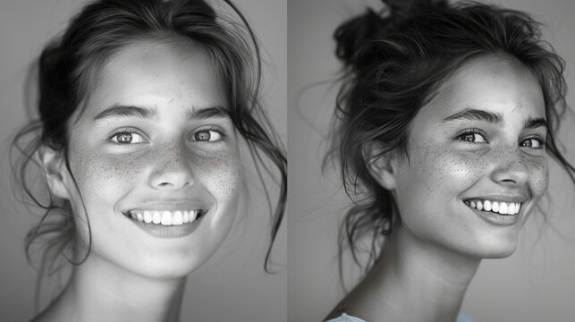 Retrato en blanco y negro de la bellezas y los cuidados femeninos, sonrisa perfecta y piel saludable.