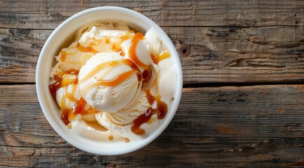 Bowl with scoops of vanilla ice cream with caramel topping on a wooden table, top view.