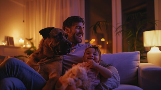 Padre en sal&oacute;n con hijos y perro, familia unida y querida en un hogar lleno de amor.