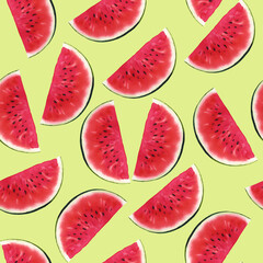 Watermelons seamless pattern, hand drawn watercolor illustration isolated on green background. For design of summer postcards, greeting cards, invitations, textiles, prints, background, packaging.