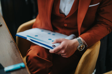 Businessman in a red suit reviewing financial documents in a modern coffee bar setting,...