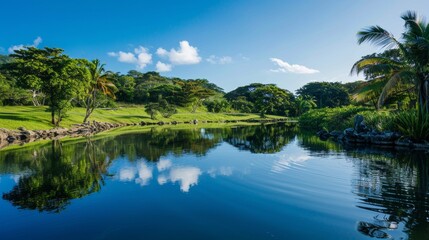 Tropical Landscape with River and Lush Vegetation