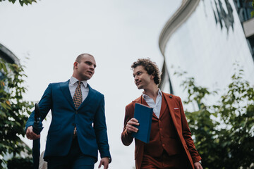 Two businessmen walking outdoors, discussing work. They are dressed in modern suits and appear engaged in a professional conversation.