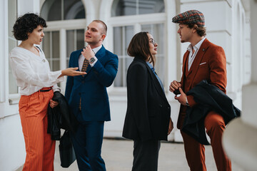 Group of well-dressed professionals engaged in a conversation outside a building. Businesspeople...