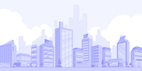 Light gray cityscape background. City buildings with trees at park view. Monochrome urban landscape with street. Modern architectural panorama in flat style. Vector illustration horizontal wallpaper