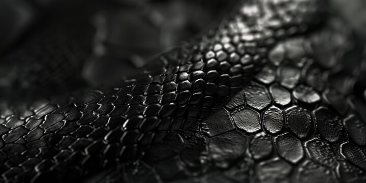High resolution close-up of black snake skin with detailed texture on a dark background