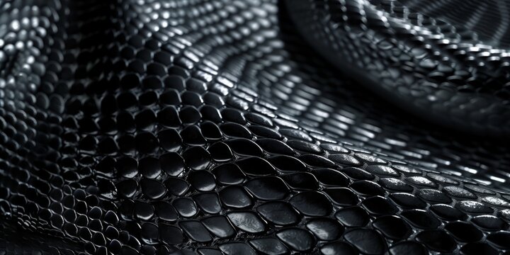High resolution close-up of black snake skin with detailed texture on a dark background