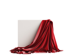 Empty cube with red silk cloth isolated on background.