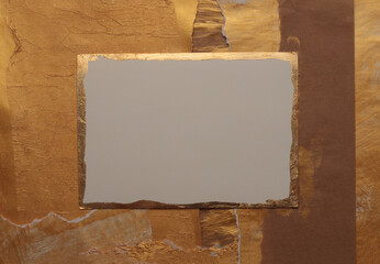 Gold, bronze and brown paper torn frame painting wall. Abstract texture copy space background.