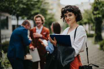 Young businesswoman holding a clipboard and smiling, while colleagues engage in fun discussion in the background during an outdoor meeting on a sunny day.