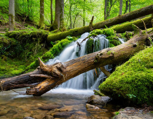 Fototapeta premium Waterfall in the green forest with mossy stones and fallen tree