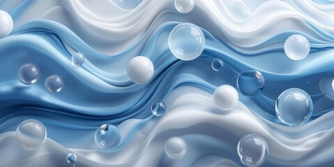 3D abstract wavy blue and white background with floating bubbles showcasing modern design elements