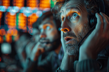 Stock market traders reacting with panic and anxiety as they watch plummeting prices on monitors. Concept of market volatility and investor fear. Generative Ai.