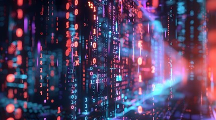 Fototapeta premium A digital stream filled with binary numbers and data, illustrating the flow of information in a high-tech environment.