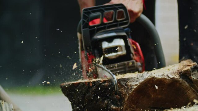 Person using a chainsaw to cut a tree trunk, with sawdust flying. Logging and woodworking concept. Design for poster, banner, and header. Outdoor scene.