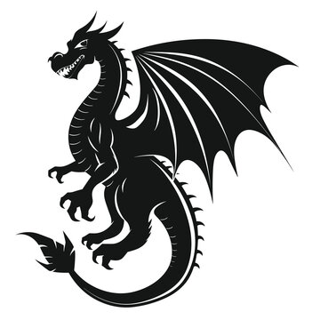 recommend clip art: Black dragon silhouette standing, fierce mythical creature. Medieval fantasy dragon, winged serpent isolated white background. Legendary dragon, fantasy symbol, mythical beast illustration