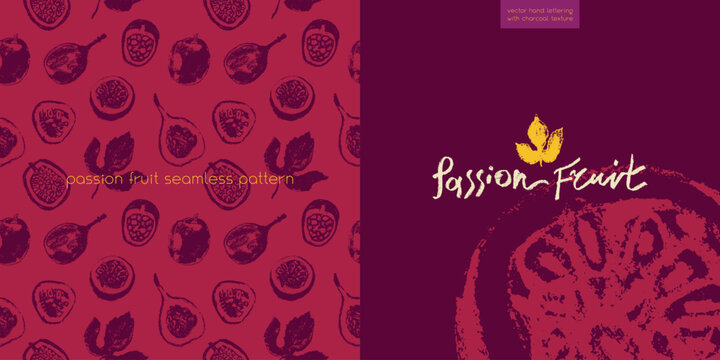 Tropical banner template with hand drawn granadilla pattern and passion fruit seamless pattern. Exotic fruits concept. Passion fruit background for cosmetic label, fruits puree or juice packaging.