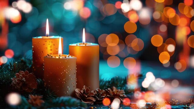 Three Orange Candles with Dewdrops in Festive Setting
