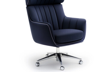 Executive revolving chair in sophisticated navy blue with contoured seat and polished metal base, close-up side angle, isolated on white background