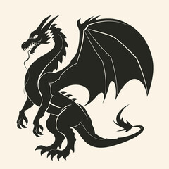 Black dragon silhouette fantasy creature design beige background. Medieval mythical dragon vector illustration, fantasy beast concept art. Fearless drawing, majestic wings, fierce expression