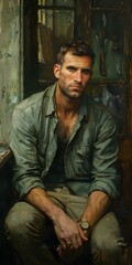 Obraz premium Oil Painting of a Man Wearing a Green Shirt