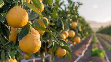 Fresh Oranges on Tree with Irrigation System