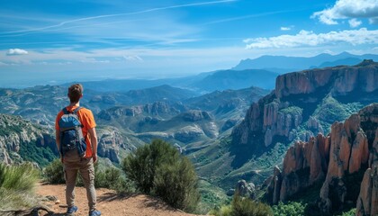 Naklejka premium Hiker looking out over mountainous landscape