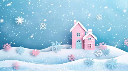 An illustration of a snowstorm with pastel-colored snowflakes and a 3D papercut house in the background