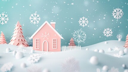 An illustration of a snowstorm with pastel-colored snowflakes and a 3D papercut house in the background