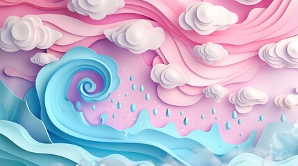 Obraz premium An illustration of a hurricane with swirling pastel-colored clouds and rain, created in a 3D papercut style