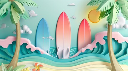 A summer scene with pastel-colored surfboards and waves, illustrated in a 3D papercut style