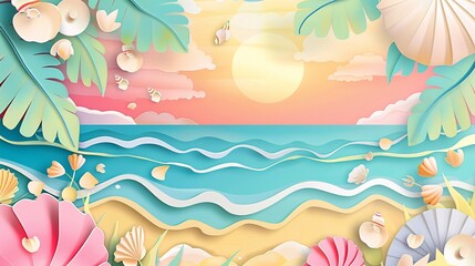 Fototapeta na wymiar An illustration of a sunny beach with pastel-colored seashells and a 3D papercut ocean