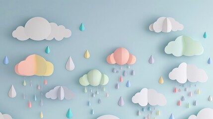 A pastel-colored papercut scene depicting a rainy day with 3D raindrops falling from gray clouds