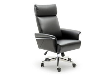 Professional black leather executive revolving chair with adjustable armrests and headrest, wide-angle side view, isolated on white background