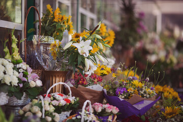 Beautiful flowers in a flower shop. Women's Day. Flower mix background. Beautiful flowers,florist shop bouquets background,different types of flowers in bouquet. 