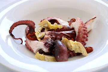 Grilled octopus tentacles with artichoke garnish. Italian cuisine