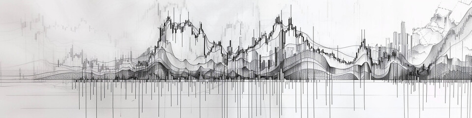 Hand-drawn pencil sketch of a trading candlestick graph in 3D, offering a unique perspective on market dynamics and price action with a blend of traditional and digital artistry.