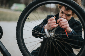 Focused young businessman repairing his bike in a tranquil city park, embodying work-life balance.