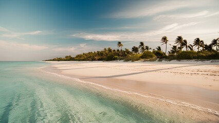 breathtaking photograph of a pristine beach, showcasing the soft, golden sand and crystal-clear turquoise waters and palm trees 