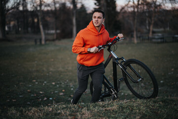 A young adult male spends his free time cycling in a city park, showcasing an active and healthy...