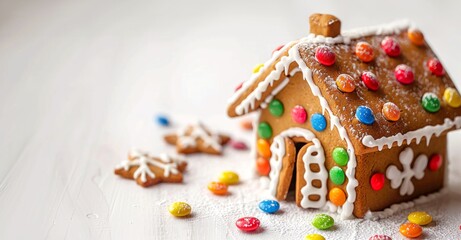 Fototapeta premium Colorful gingerbread house with candy decorations in a winter setting. Concept of holiday baking, festive treats, Christmas candy, and culinary creativity. White background