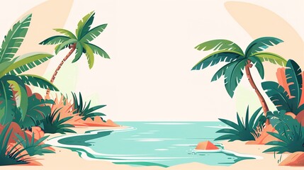 minimalistic tropical island flat illustration with palm trees on water, large empty spac for text, ideal for travel, tourism, and beach vacation promotions, copyspace.