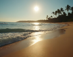A stunning beach scene captured in a high-quality photograph. The sun is setting, casting a warm golden hue over the calm, turquoise waters.	