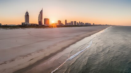 A stunning beach scene captured in a high-quality photograph. The sun is setting, casting a warm golden hue over the calm, turquoise waters.	