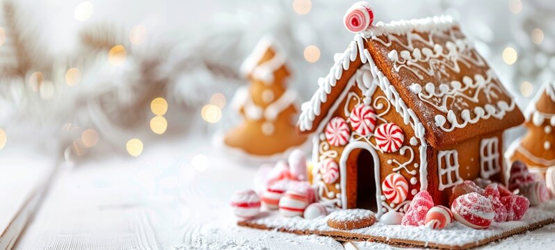 Festive gingerbread house with candy decorations on a snowy surface. Christmas-themed gingerbread with colorful sweets. Concept of holiday baking, festive treats, Christmas decorations, culinary art