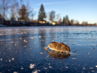 Red-backed vole (Clethrionomys glareolus) runs on ice. Mice migrations, force rivers when population density exceeds acceptable food, mass death, but this is natural mechanism of population regulation