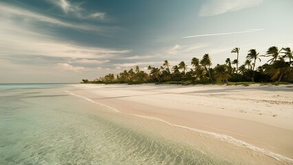 breathtaking photograph of a pristine beach, showcasing the soft, golden sand and crystal-clear turquoise waters and palm trees 