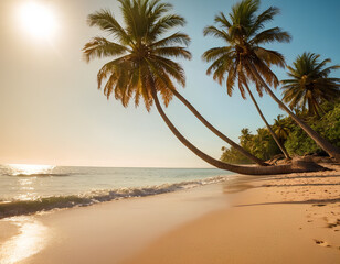 breathtaking photograph of a pristine beach, showcasing the soft, golden sand and crystal-clear turquoise waters and palm trees 